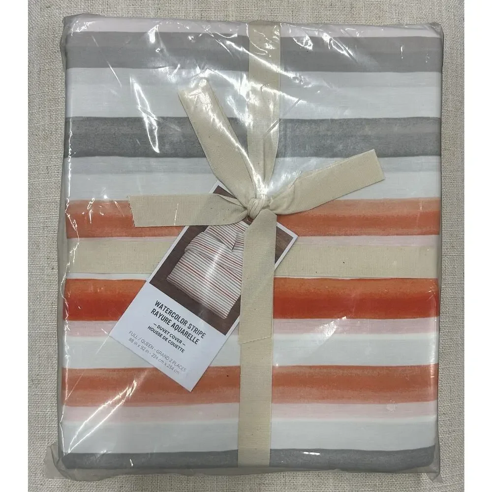 West Elm Watercolor Stripe Full / Queen Duvet & Euro Sham Set NEW NIP